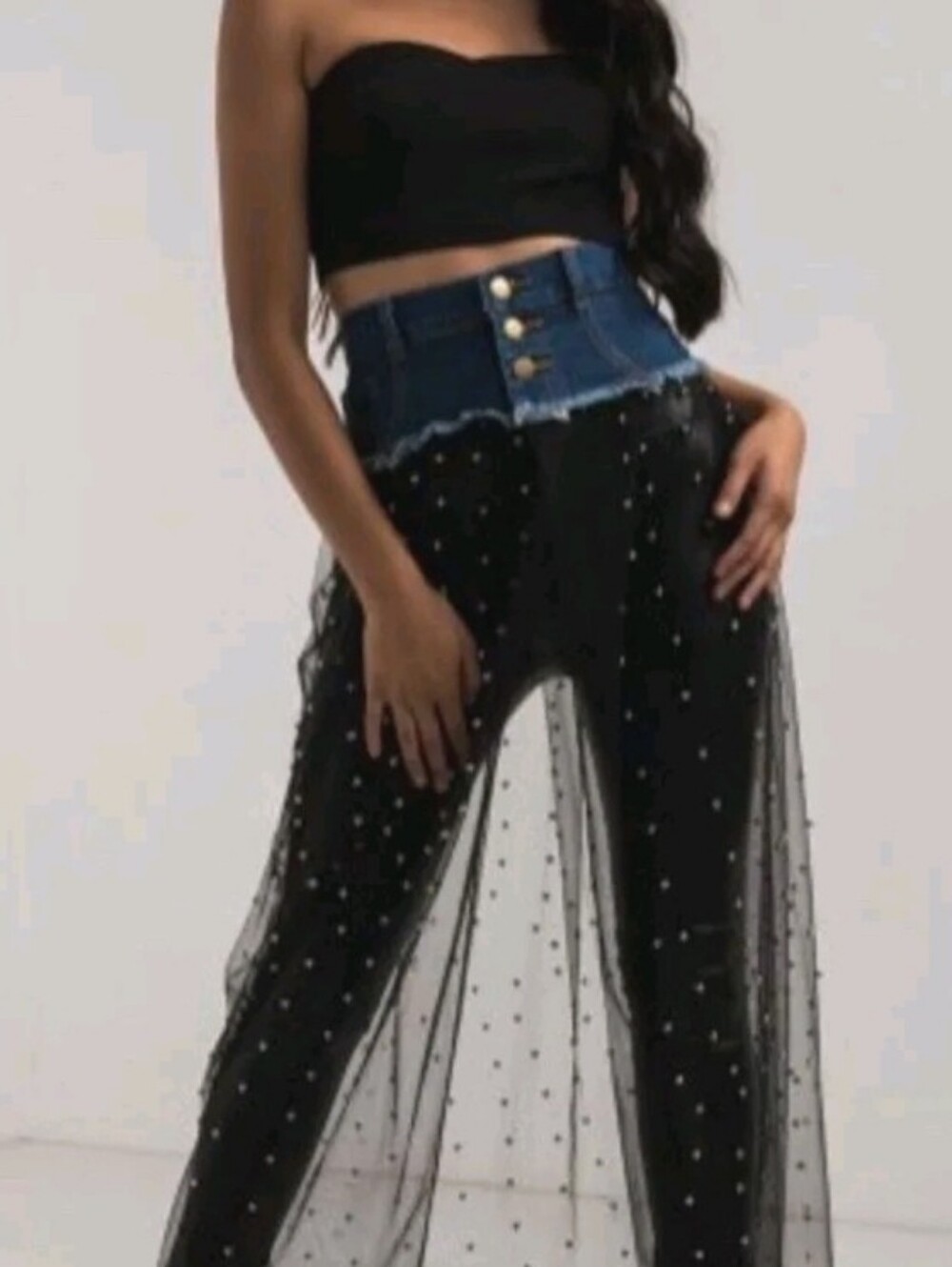 Akira High-Waist Denim button fly Jean skirt with Black Sheer Pearl Overlay